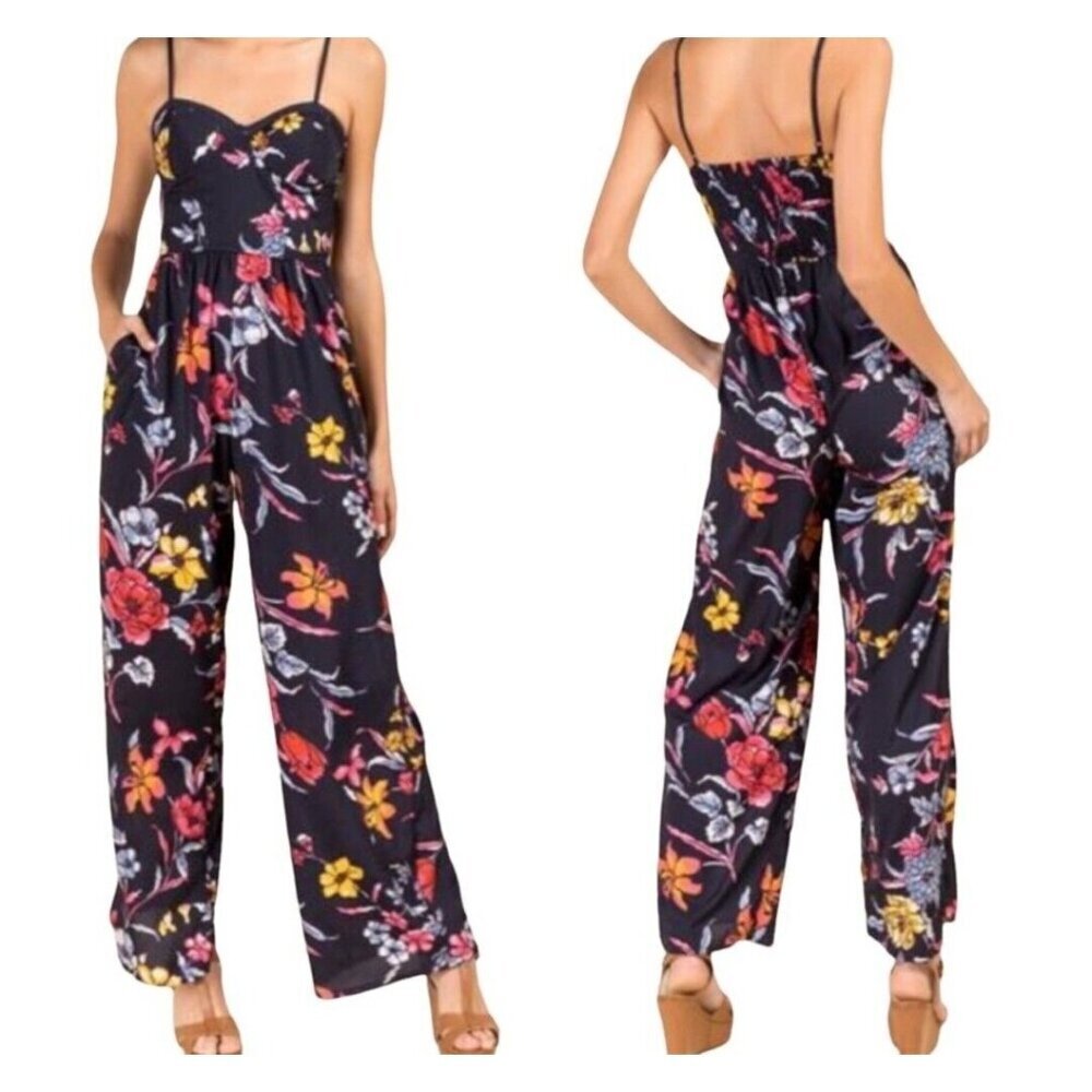 Band Of Gypsies Jumpsuit Women's Medium Navy Floral Print Wide Leg Jumpsuit